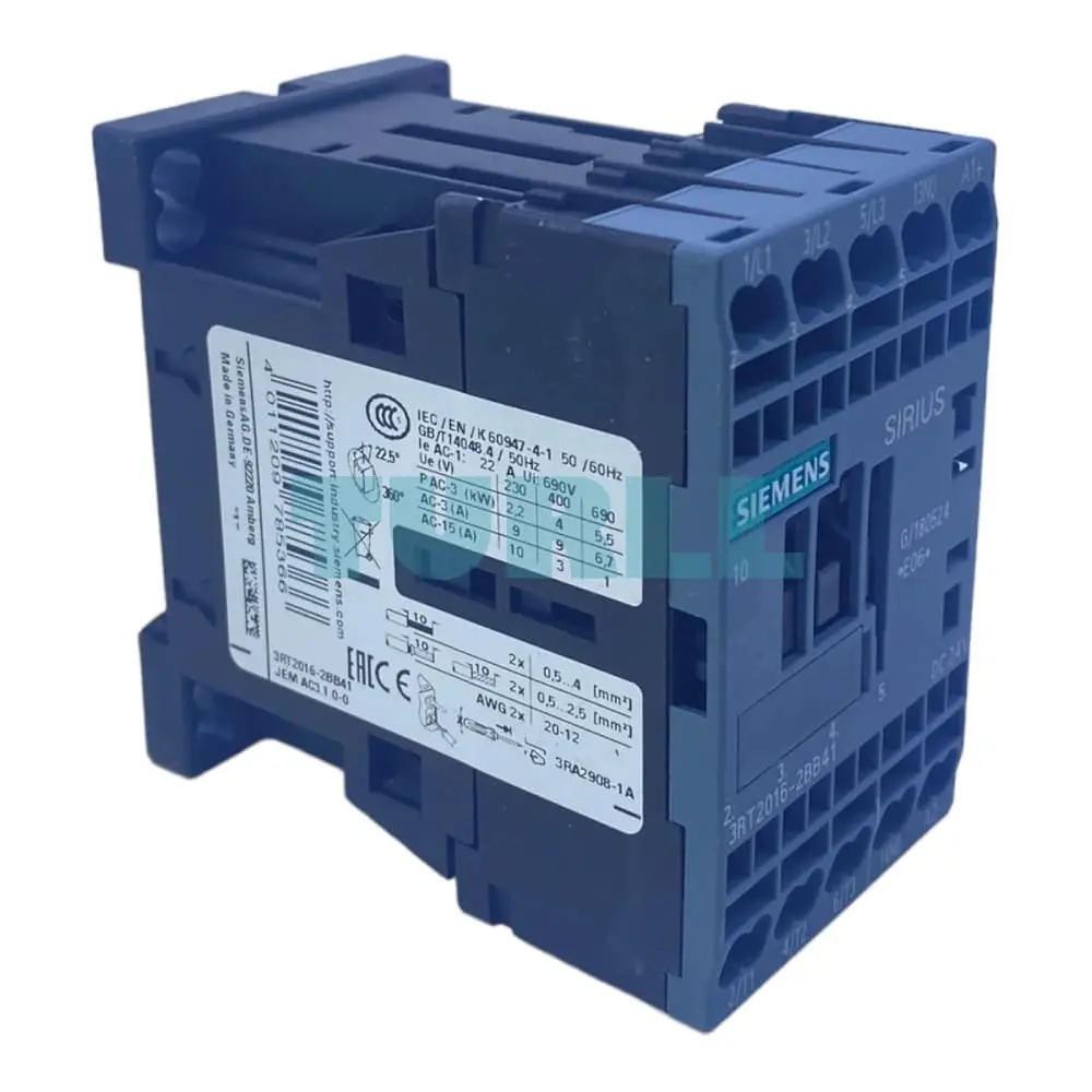 Siemens 3RT2016-2BB41 SIRIUS Power Contactor 9A, 4kW, 24V DC, 1 NO Auxiliary Contact, Size S00 Original Brand New 3 Siemens 3RT2016-2BB41 SIRIUS Power Contactor 9A, 4kW, 24V DC, 1 NO Auxiliary Contact, Size S00