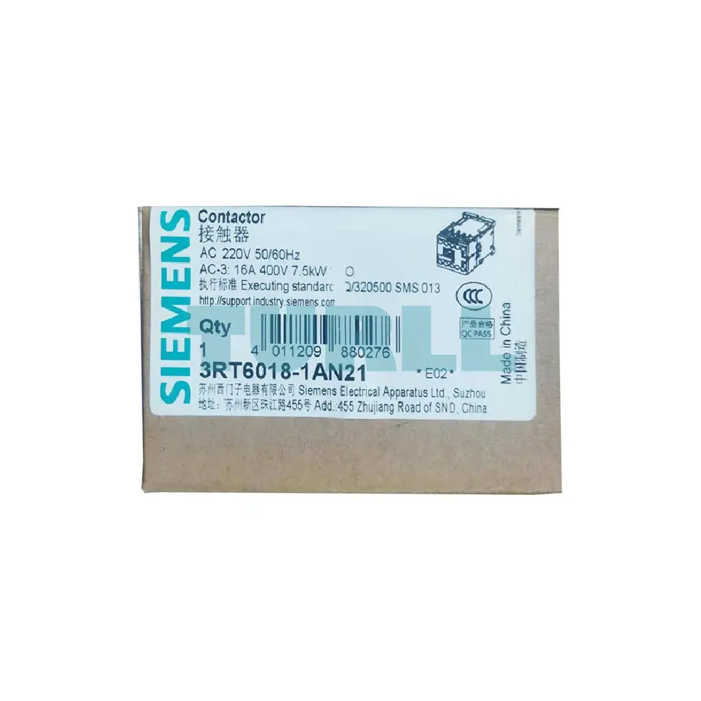 Siemens 3RT6018-1AN21 AC Contactor 220V, 50/60Hz, 3-Pole, 7.5 kW, S00, Screw Terminal