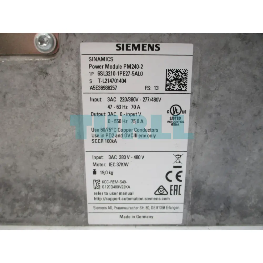 Siemens 6SL3210-1PE27-5AL0 SINAMICS G120 Power Module PM240-2, 37kW, 3-Phase 400V, Filter Class A