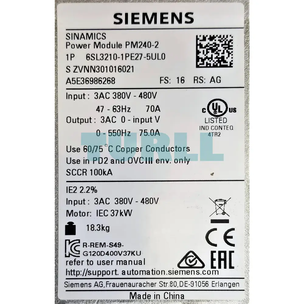Siemens 6SL3210-1PE27-5UL0 SINAMICS G120 Power Module PM240-2, 30kW - 37kW