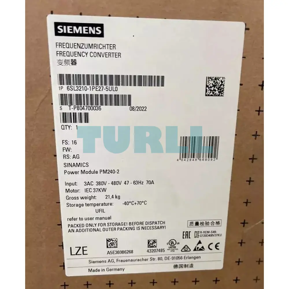 Siemens 6SL3210-1PE27-5UL0 SINAMICS G120 Power Module PM240-2, 30kW - 37kW
