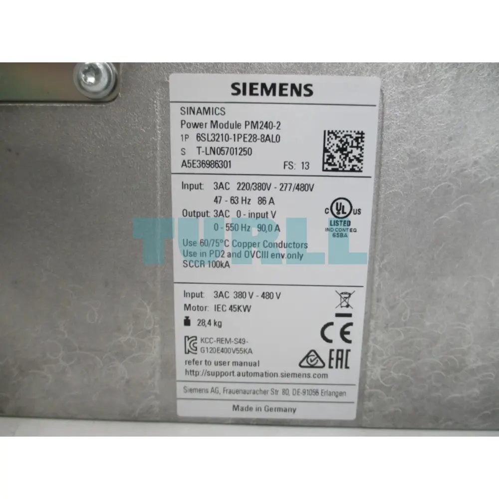Siemens 6SL3210-1PE28-8AL0 | SINAMICS G120 Power Module PM240-2 with Braking Chopper & CL. A Filter