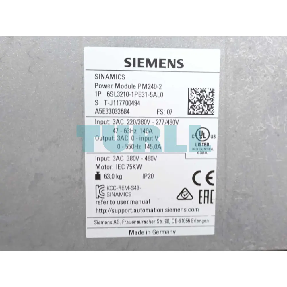 Siemens 6SL3210-1PE31-5AL0 SINAMICS G120 PM240-2 Power Module, 75kW (LO) / 55kW (HO)