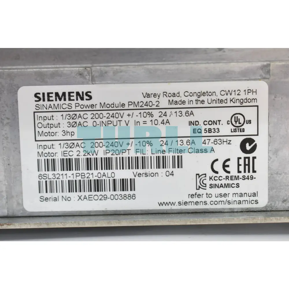 Siemens 6SL3211-1PB21-0AL0 SINAMICS PM240-2 Power Module, 1.5kW - 2.2kW, IP20