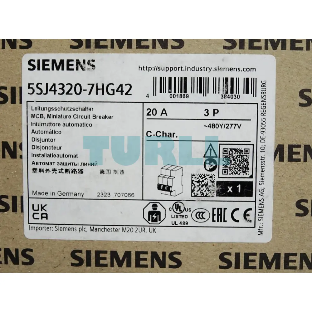 Siemens 5SJ4320-7HG42 Sentron Miniature Circuit Breaker 3-Pole, 20A, C-Curve, 10kA, UL 489