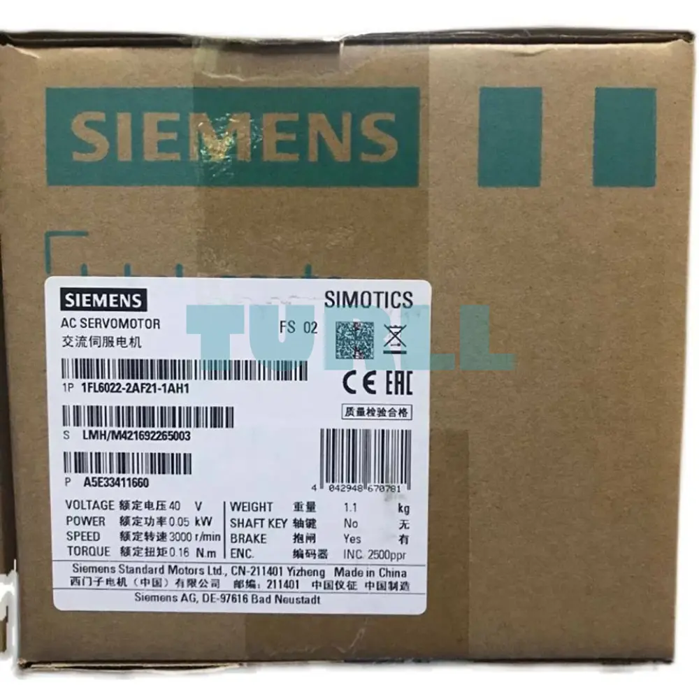 Siemens 1FL6022-2AF21-1AH1 SIMOTICS S-1FL6 Low Inertia Servo Motor 0.05 kW, 3000 rpm Original Brand New 2 Siemens 1FL6022-2AF21-1AH1 SIMOTICS S-1FL6 Low Inertia Servo Motor 0.05 kW, 3000 rpm