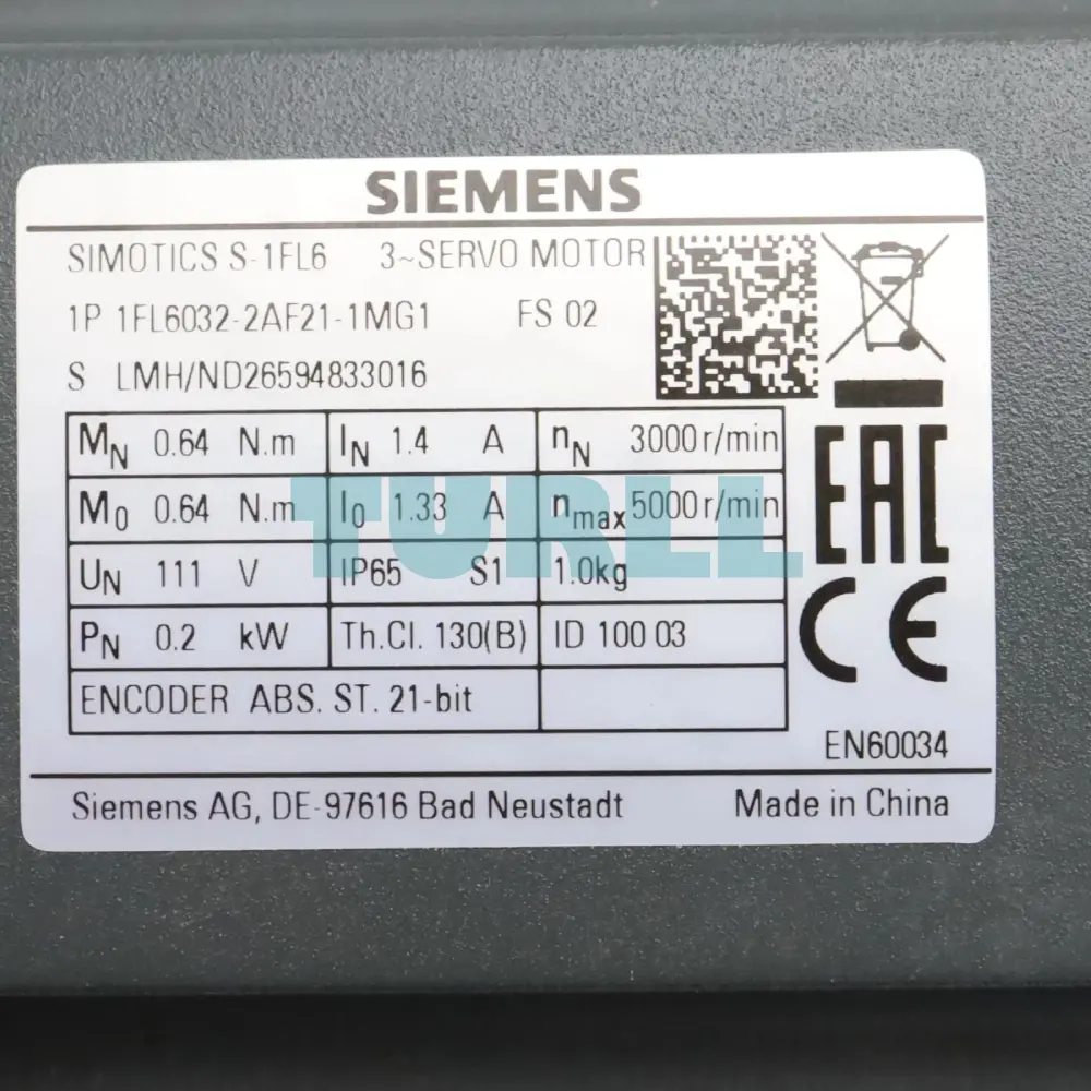 Siemens 1FL6032-2AF21-1MG1 SIMOTICS S-1FL6 High-Inertia Servomotor, 0.2 kW, 3000 RPM, IP65 Original Brand New 3 Siemens 1FL6032-2AF21-1MG1 SIMOTICS S-1FL6 High-Inertia Servomotor, 0.2 kW, 3000 RPM, IP65