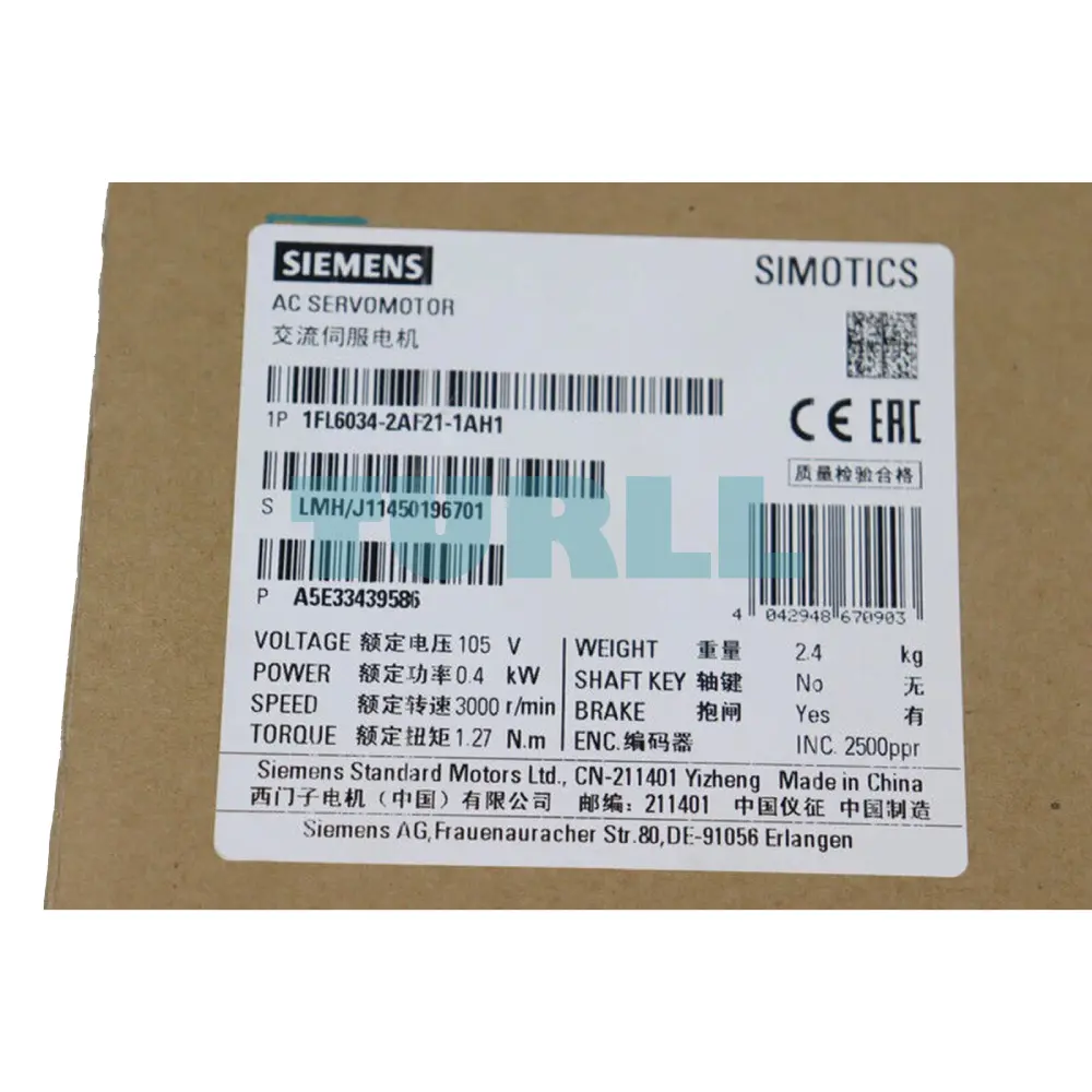 Siemens 1FL6034-2AF21-1AH1 SIMOTICS S-1FL6 Servo Motor 0.4 kW, 3000 rpm Original Brand New 5 Siemens 1FL6034-2AF21-1AH1 SIMOTICS S-1FL6 Servo Motor 0.4 kW, 3000 rpm