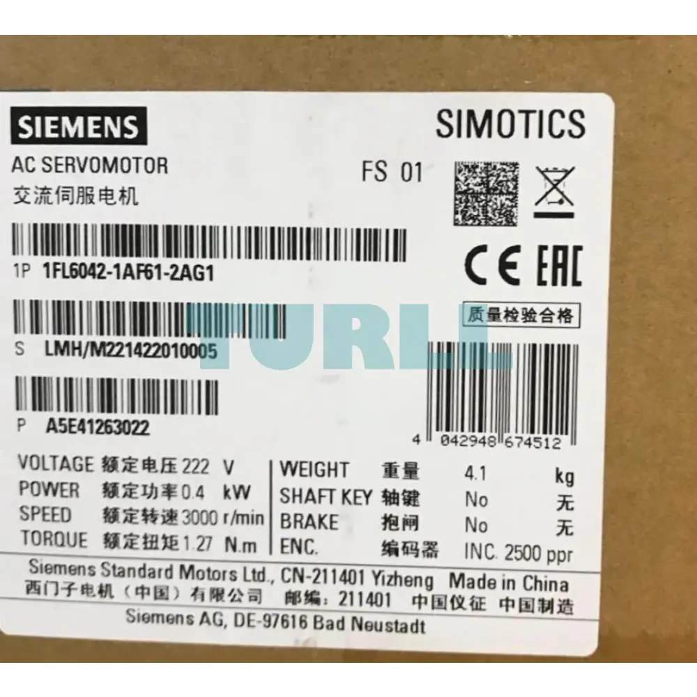 Siemens 1FL6042-1AF61-2AG1 SIMOTICS S-1FL6 Servo Motor 0.4 kW, 400V, 3000 RPM, IP65 Original Brand New 2 Siemens 1FL6042-1AF61-2AG1 SIMOTICS S-1FL6 Servo Motor 0.4 kW, 400V, 3000 RPM, IP65