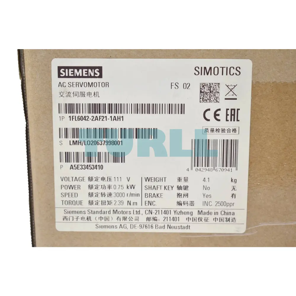 Siemens 1FL6042-2AF21-1AH1 SIMOTICS S-1FL6 Servo Motor, 0.75 kW, 3000 RPM, IP65 Original Brand New 2 Siemens 1FL6042-2AF21-1AH1 SIMOTICS S-1FL6 Servo Motor, 0.75 kW, 3000 RPM, IP65