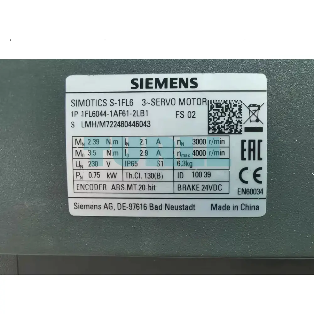 Siemens 1FL6044-1AF61-2LB1 SIMOTICS S-1FL6 High Inertia Servo Motor 0.75kW, 400V, 3000rpm Original Brand New 2 Siemens 1FL6044-1AF61-2LB1 SIMOTICS S-1FL6 High Inertia Servo Motor 0.75kW, 400V, 3000rpm