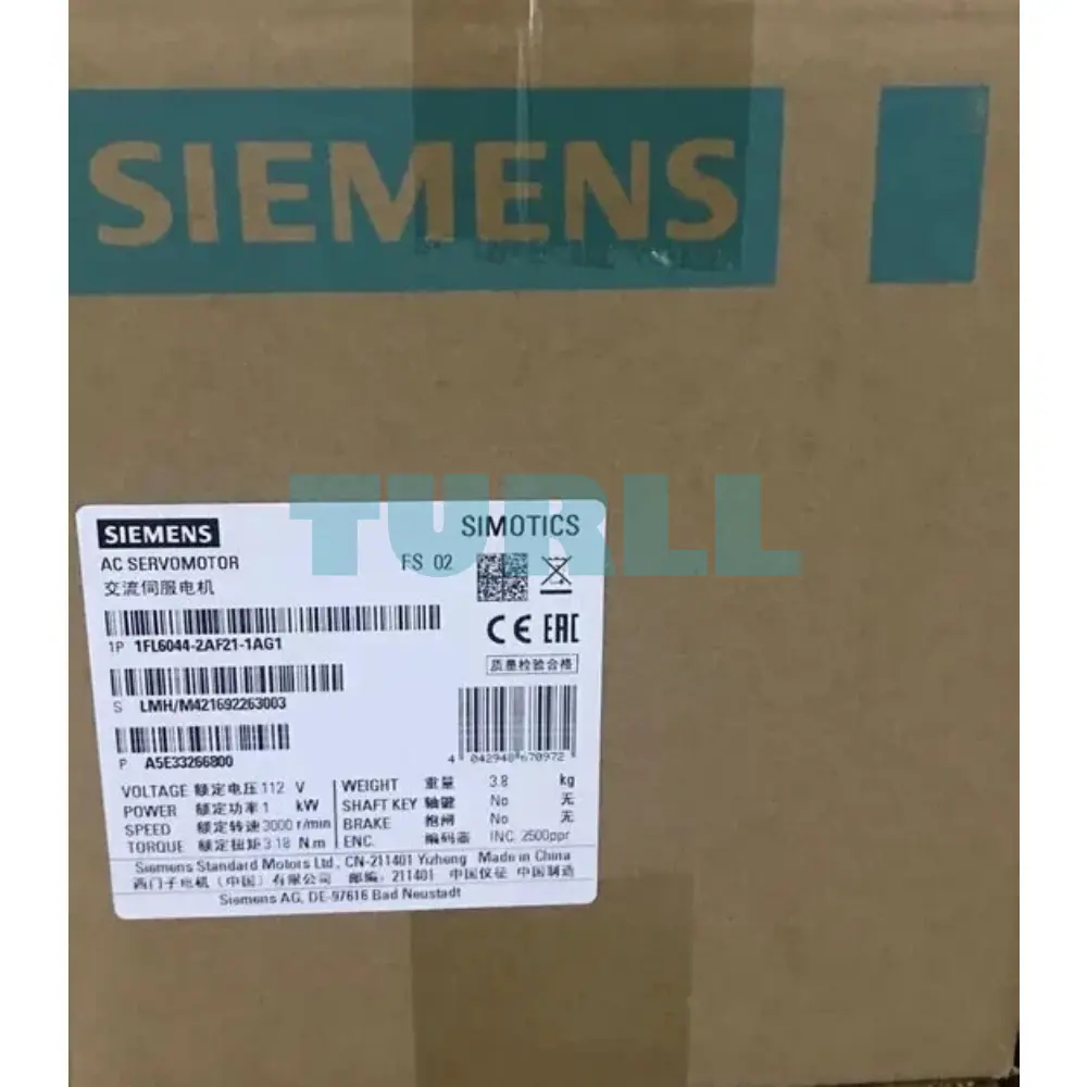 Siemens 1FL6044-2AF21-1AA1 SIMOTICS S-1FL6 Servo Motor 1kW, 3000 RPM, 230V Original Brand New 2 Siemens 1FL6044-2AF21-1AA1 SIMOTICS S-1FL6 Servo Motor 1kW, 3000 RPM, 230V