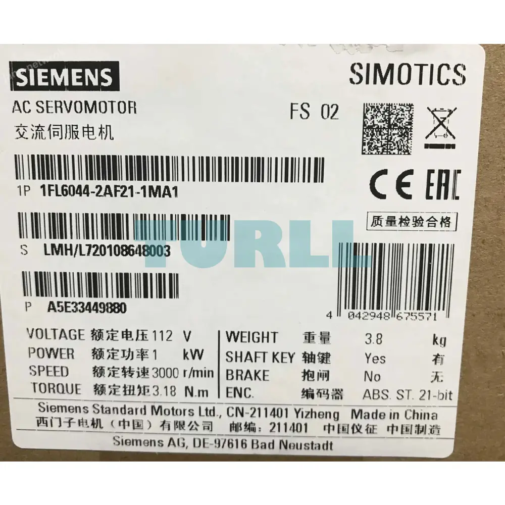 Siemens 1FL6044-2AF21-1MA1 SIMOTICS S-1FL6 Servo Motor 1kW, 3000rpm, IP65 Original Brand New 3 Siemens 1FL6044-2AF21-1MA1 SIMOTICS S-1FL6 Servo Motor 1kW, 3000rpm, IP65
