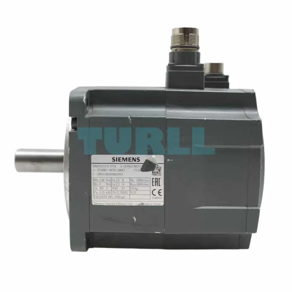 1FL6061-1AC61-0AA1 SIMOTICS S-1FL6 operating voltage 400 V 3 AC PN=0.75 kW; NN=2000 rpm, M0=4 Nm; MN=3.58 Nm shaft height 65 mm incremental encoder TTL 2500 incr./rev. with feather key, tolerance N without holding brake degree of protection IP65 with sealing ring compatible with the converters SINAMICS V70&V90