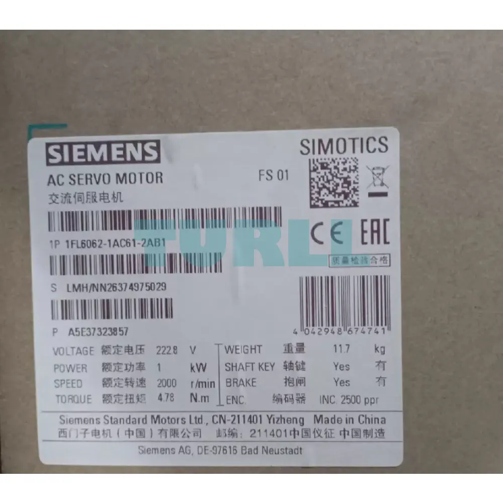 Siemens 1FL6062-1AC61-2AB1 SIMOTICS S-1FL6 Servo Motor 1 kW, 400V, IP65 Original Brand New 2 Siemens 1FL6062-1AC61-2AB1 SIMOTICS S-1FL6 Servo Motor 1 kW, 400V, IP65