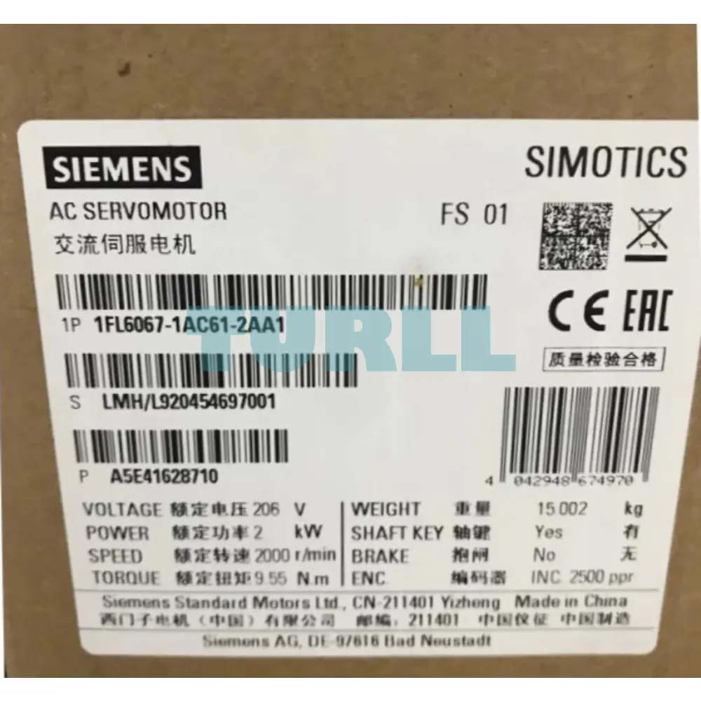 Siemens 1FL6067-1AC61-2AA1 SIMOTICS S-1FL6 Servo Motor 2kW, 400V, 2000 RPM, IP65 Original Brand New 3 Siemens 1FL6067-1AC61-2AA1 SIMOTICS S-1FL6 Servo Motor 2kW, 400V, 2000 RPM, IP65