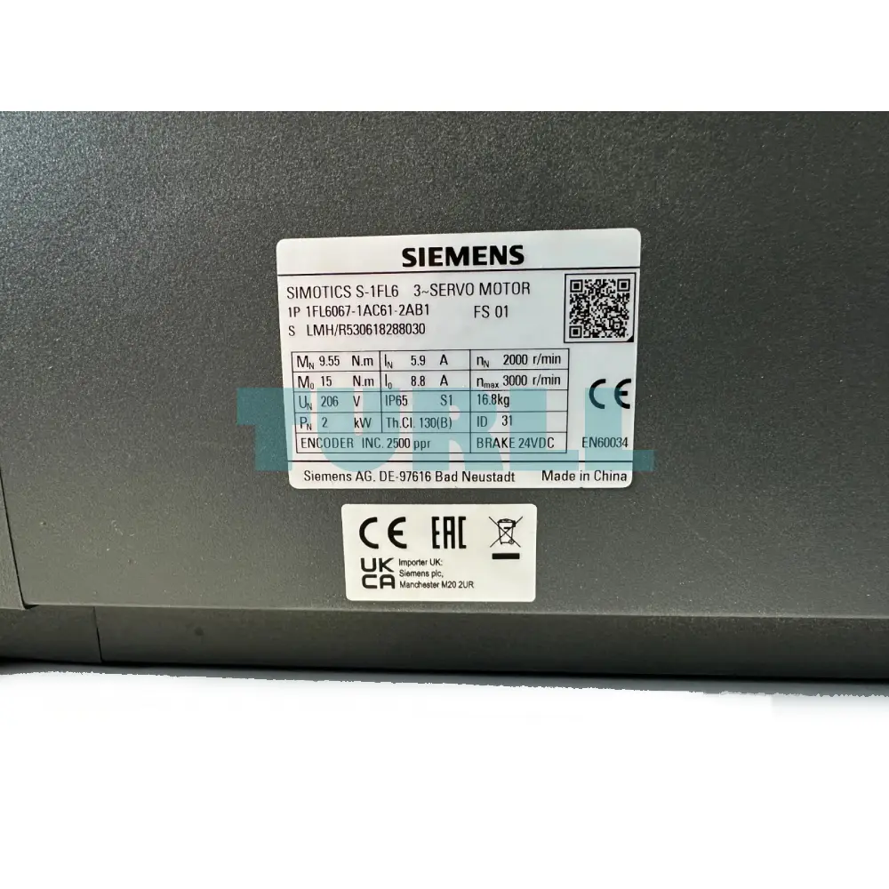 Siemens 1FL6067-1AC61-2AB1 SIMOTICS S-1FL6 Servo Motor 2kW, 2000 rpm, 15 Nm, IP65 Original Brand New 2 Siemens 1FL6067-1AC61-2AB1 SIMOTICS S-1FL6 Servo Motor 2kW, 2000 rpm, 15 Nm, IP65