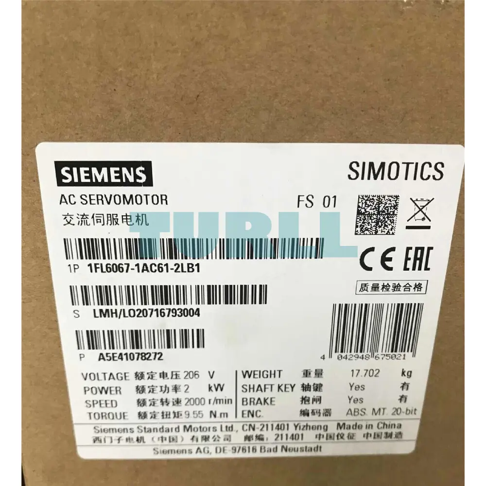 Siemens 1FL6067-1AC61-2LB1 SIMOTICS S-1FL6 Servo Motor 2kW, 400V, 2000 rpm Original Brand New 2 Siemens 1FL6067-1AC61-2LB1 SIMOTICS S-1FL6 Servo Motor 2kW, 400V, 2000 rpm