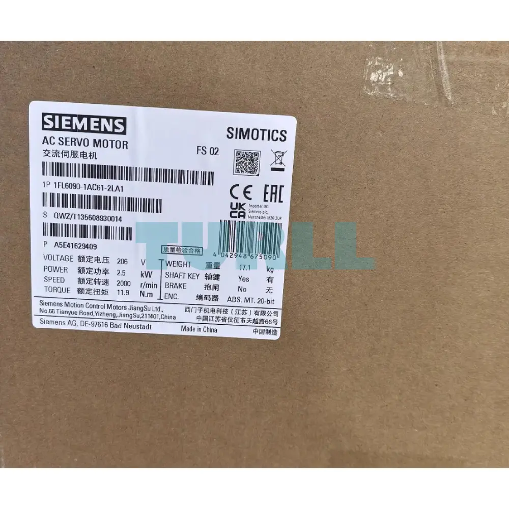 Siemens 1FL6090-1AC61-2LA1 SIMOTICS S-1FL6 High Inertia Servo Motor 2.5 kW, 400V, 2000 RPM Original Brand New 2 Siemens 1FL6090-1AC61-2LA1 SIMOTICS S-1FL6 High Inertia Servo Motor 2.5 kW, 400V, 2000 RPM