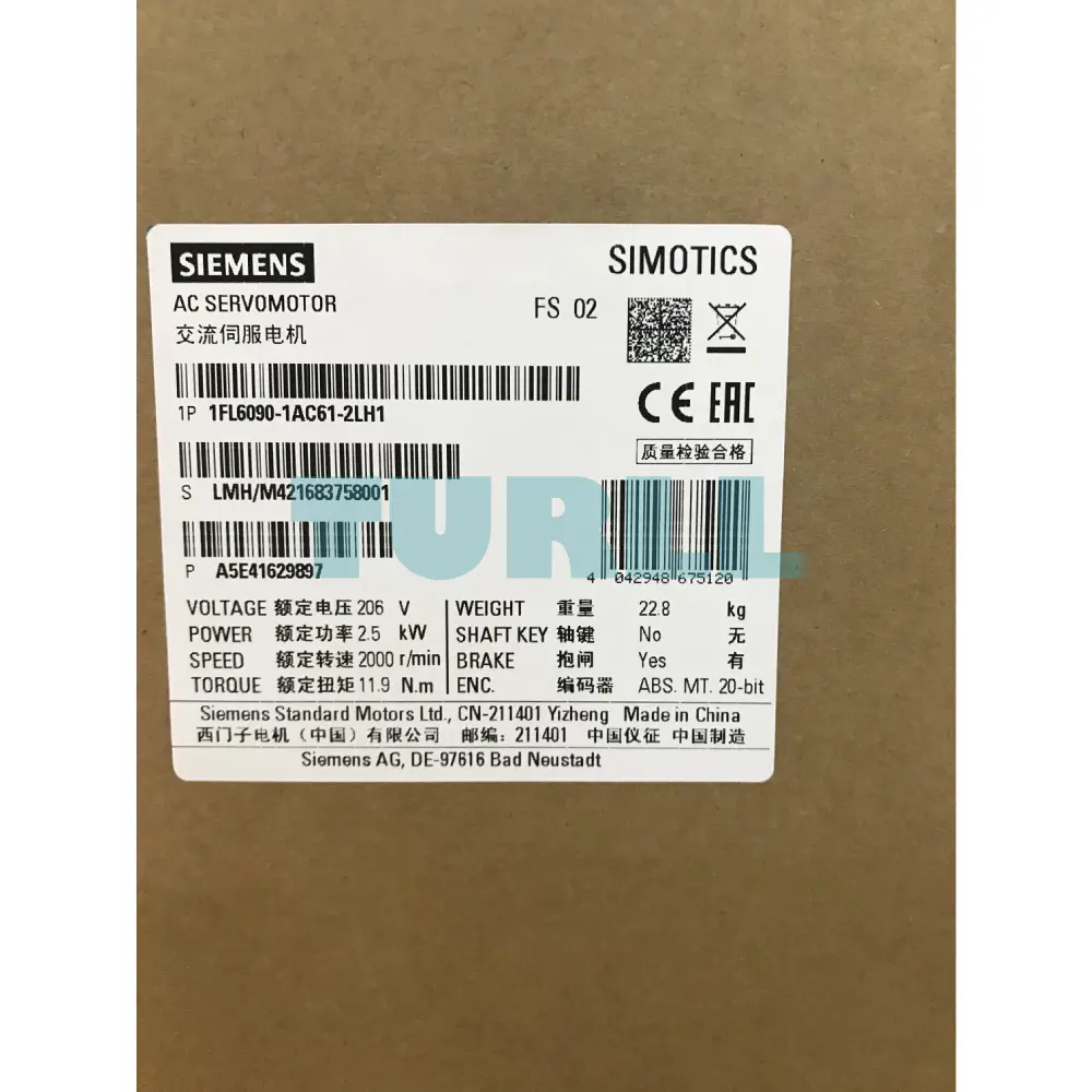 Siemens 1FL6090-1AC61-2LH1 SIMOTICS S-1FL6 Servo Motor 2.5 kW, 2000 rpm Original Brand New 2 Siemens 1FL6090-1AC61-2LH1 SIMOTICS S-1FL6 Servo Motor 2.5 kW, 2000 rpm