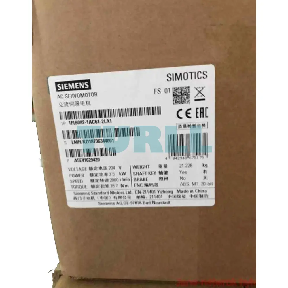 Siemens 1FL6092-1AC61-2LA1 SIMOTICS S-1FL6 Servomotor 3.5 kW, 2000 rpm, IP65