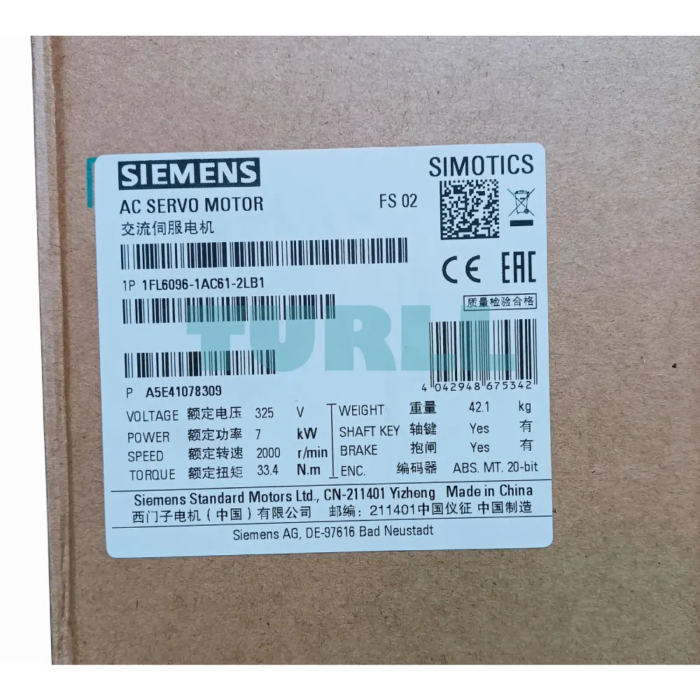 Siemens 1FL6096-1AC61-2LB1 SIMOTICS S-1FL6 High Inertia Servomotor 7kW, 400V, 40Nm Original Brand New 2 Siemens 1FL6096-1AC61-2LB1 SIMOTICS S-1FL6 High Inertia Servomotor 7kW, 400V, 40Nm