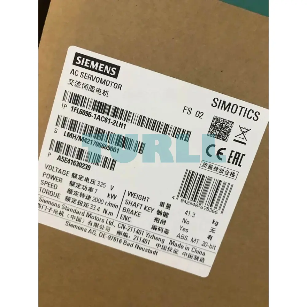 Siemens 1FL6096-1AC61-2LH1 SIMOTICS S-1FL6 Servo Motor 7kW, 2000 RPM, 40Nm Original Brand New 2 Siemens 1FL6096-1AC61-2LH1 SIMOTICS S-1FL6 Servo Motor 7kW, 2000 RPM, 40Nm