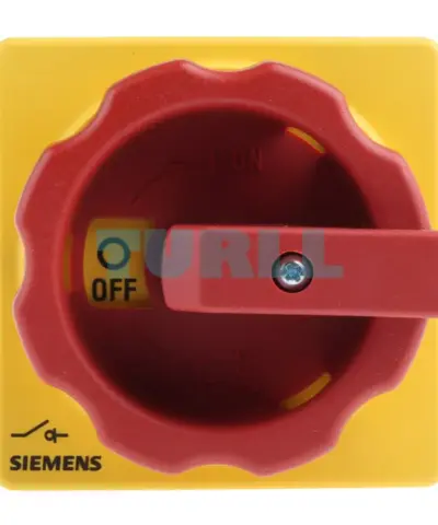 3LD2003-0TK53 SENTRON, Switch disconnector 3LD, emergency switching-off switch, 3- pole, Iu: 16 A, operating power / at AC-23 A 400 V: 7.5 kW, front-mounted, rotary operating mechanism, Red / yellow, 4-hole mounting of the handle