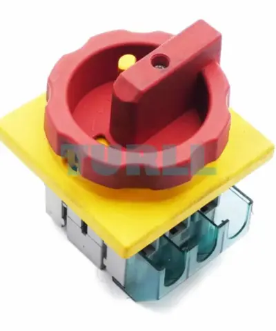3LD2504-0TK53 SENTRON, Switch disconnector 3LD, emergency switching-off switch, 3- pole, Iu: 63 A, operating power / at AC-23 A 400 V: 22 kW, front-mounted, rotary operating mechanism, Red / yellow, 4-hole mounting of the handle