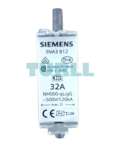Siemens 3NA3812 LV HRC Fuse Element, NH000, 32A, gG, 500V AC, 250V DC, Front Indicator