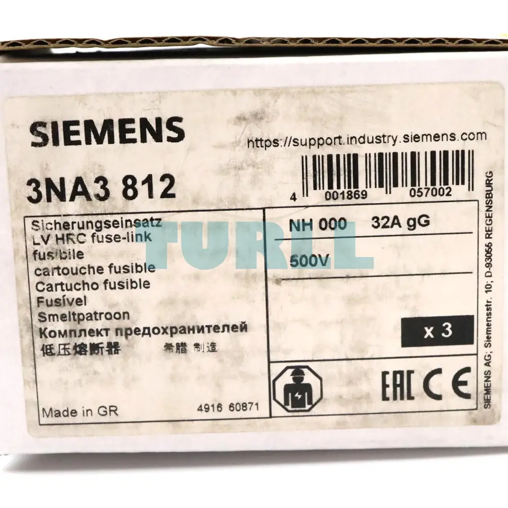 Siemens 3NA3812 LV HRC Fuse Element, NH000, 32A, gG, 500V AC, 250V DC, Front Indicator