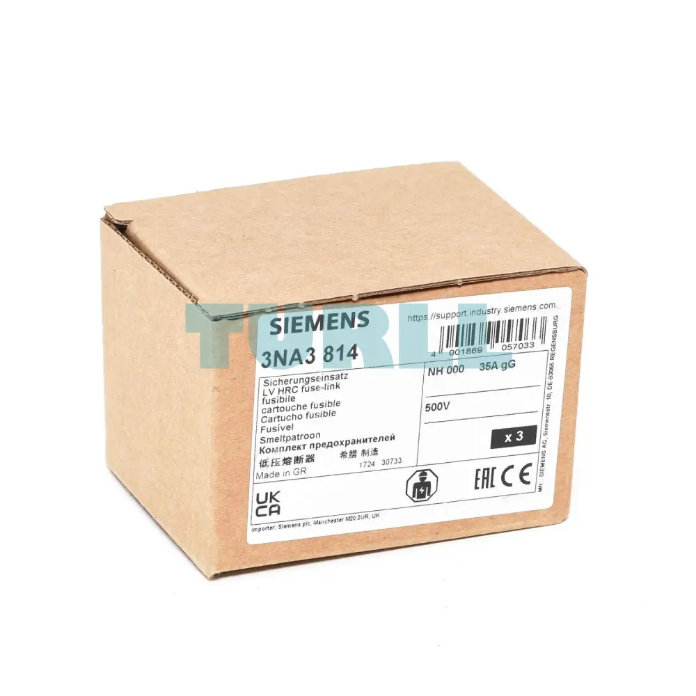 Siemens 3NA3814 LV HRC Fuse Link, Size NH000, 35A, 500V AC / 250V DC, gG Class