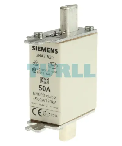 Siemens 3NA3820 LV HRC Fuse Element, Size NH000, 50A, gG, 500V AC / 250V DC