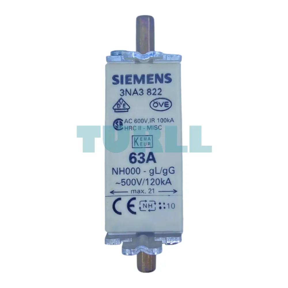 Siemens 3NA3822 LV HRC Fuse Link, Size NH000, 63A, gG, 500V AC / 250V DC