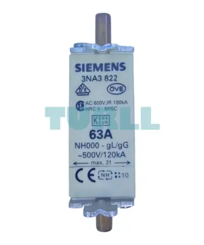 Siemens 3NA3822 LV HRC Fuse Link, Size NH000, 63A, gG, 500V AC / 250V DC