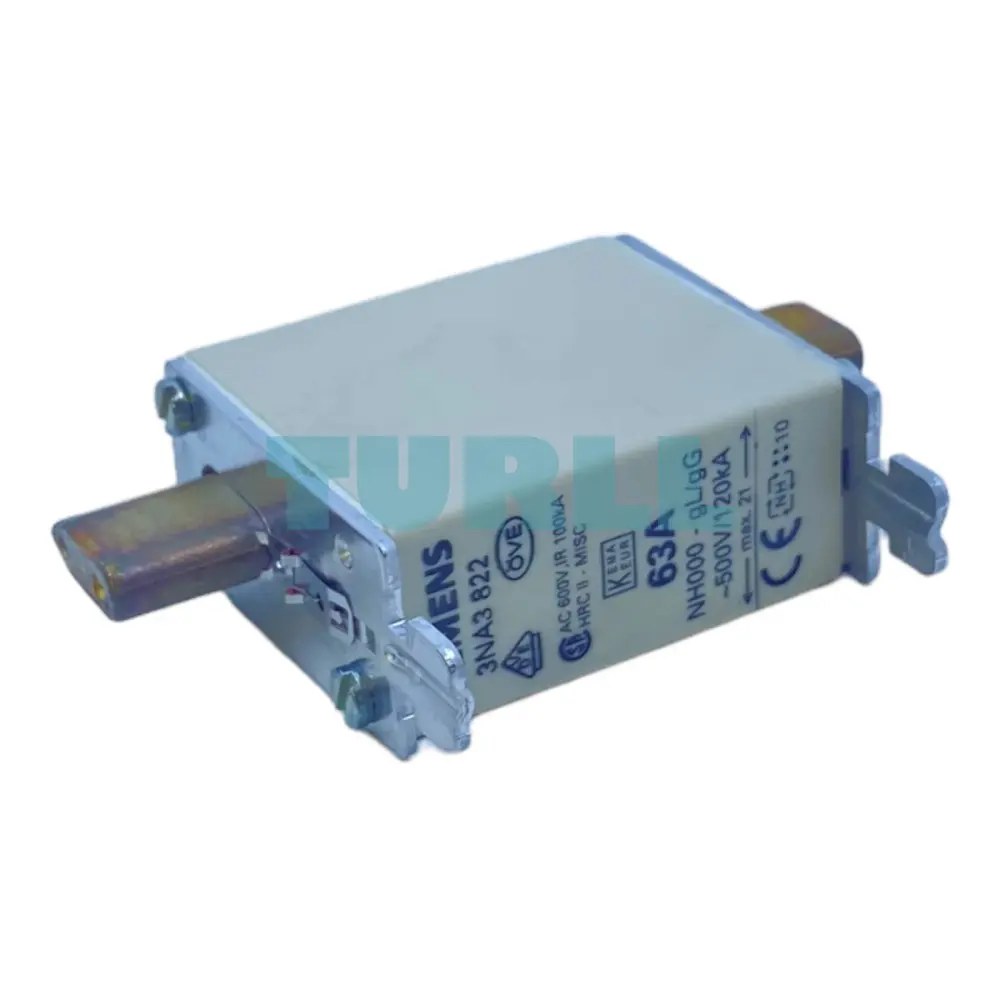 Siemens 3NA3822 LV HRC Fuse Link, Size NH000, 63A, gG, 500V AC / 250V DC