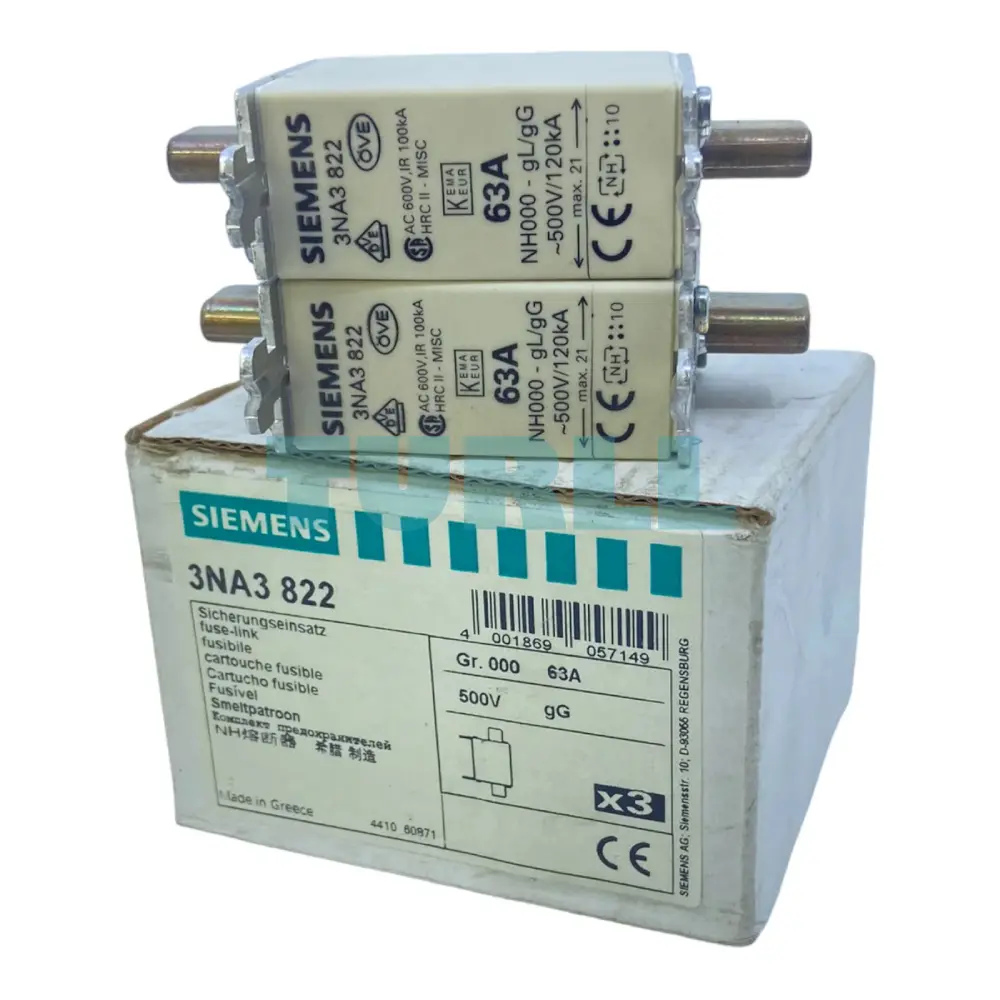Siemens 3NA3822 LV HRC Fuse Link, Size NH000, 63A, gG, 500V AC / 250V DC