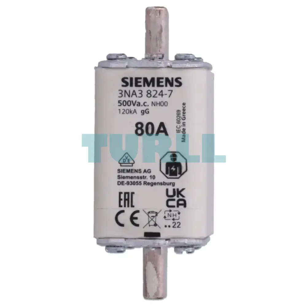 Siemens 3NA3824-7 LV HRC Fuse Link, Size NH00, 80A, gG, 500V AC / 250V DC