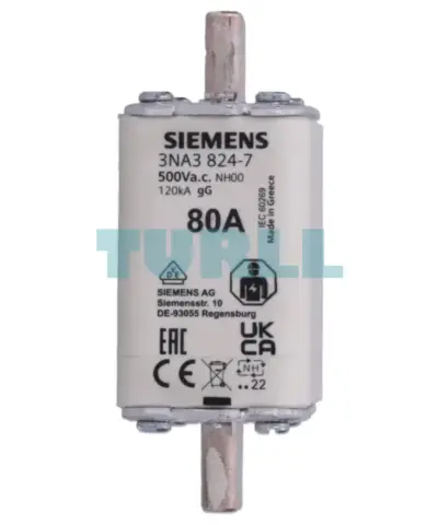 Siemens 3NA3824-7 LV HRC Fuse Link, Size NH00, 80A, gG, 500V AC / 250V DC
