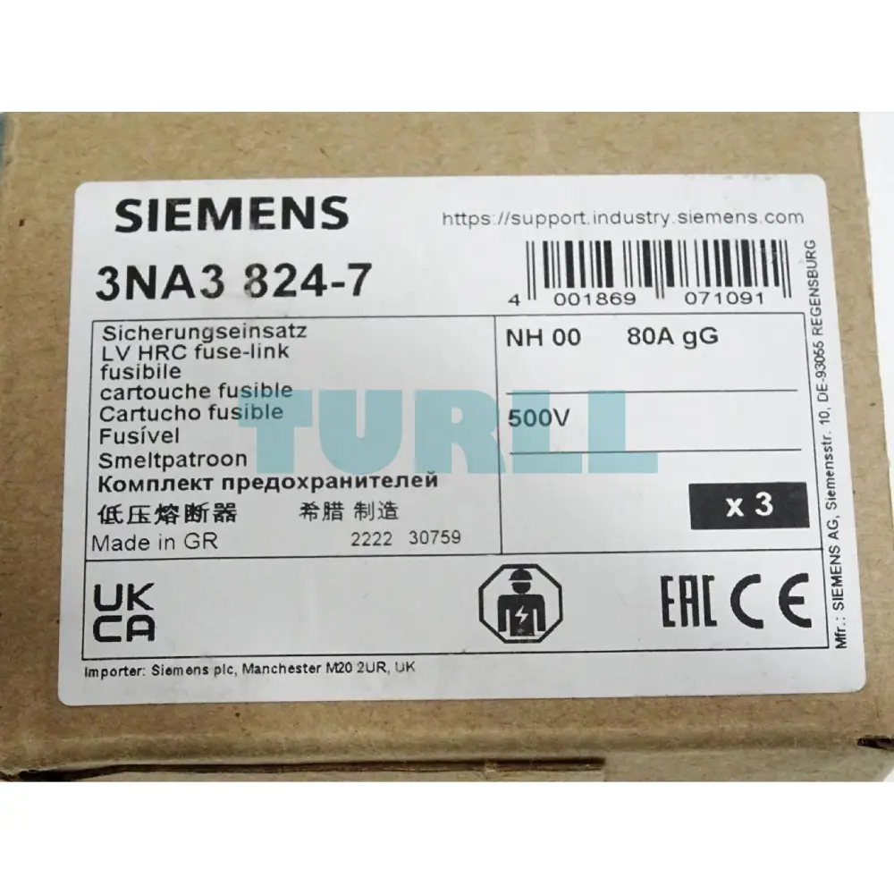 Siemens 3NA3824-7 LV HRC Fuse Link, Size NH00, 80A, gG, 500V AC / 250V DC