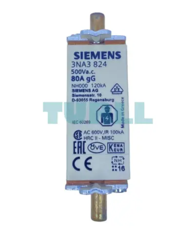 Siemens 3NA3824 LV HRC Fuse Link NH000, 80A, gG, 500V AC / 250V DC