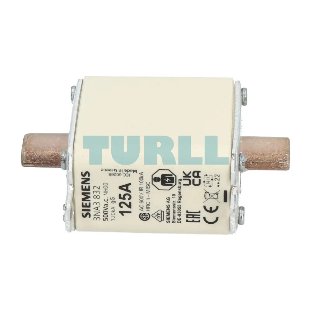 Siemens 3NA3832 LV HRC Fuse Element, NH00, 125A, gG, 500V AC / 250V DC