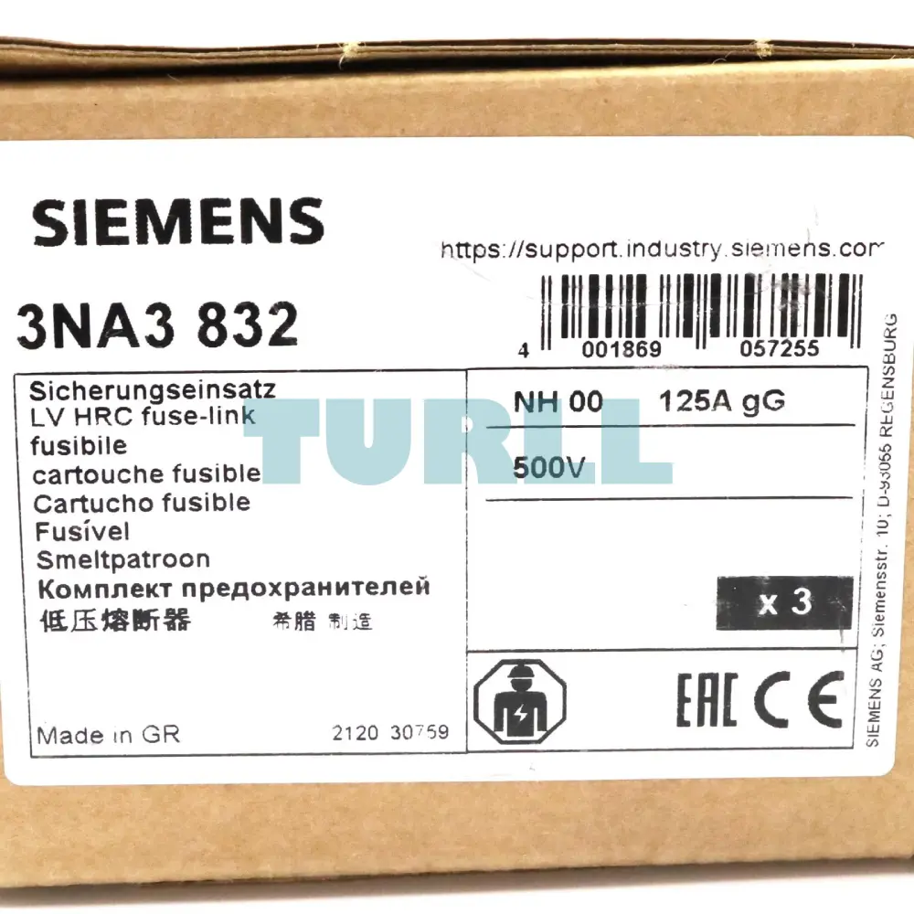 Siemens 3NA3832 LV HRC Fuse Element, NH00, 125A, gG, 500V AC / 250V DC