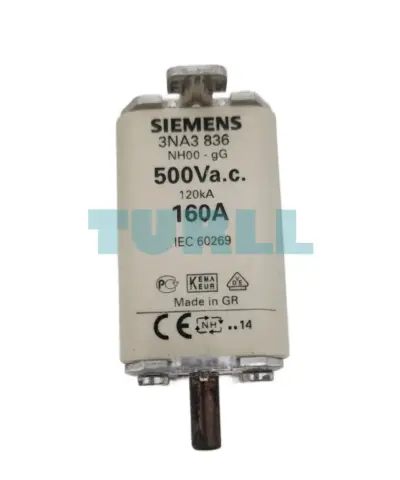 Siemens 3NA3836 LV HRC Fuse Link, Size NH00, 160A, gG, 500V AC / 250V DC