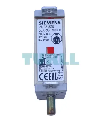 Siemens 3NA6820 LV HRC Fuse Link, NH000, 50A, gG, 500V AC / 250V DC