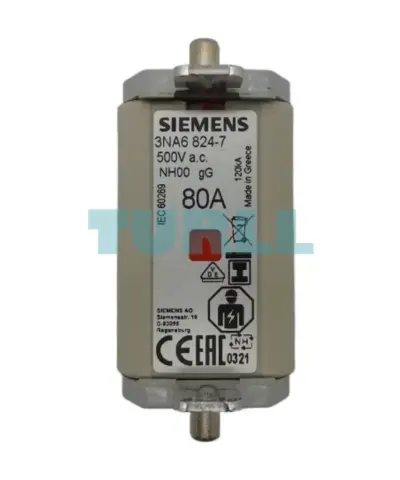 Siemens 3NA6824-7 LV HRC Fuse Link, NH00, 80A, gG, 500V AC / 250V DC