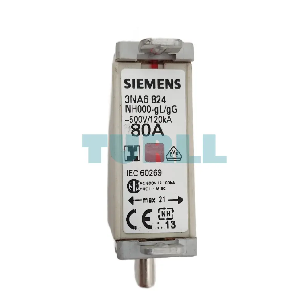 Siemens 3NA6824 LV HRC Fuse Element NH000 80A gG 500V AC / 250V DC with Indicator