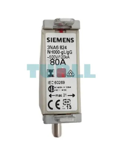 Siemens 3NA6824 LV HRC Fuse Element NH000 80A gG 500V AC / 250V DC with Indicator