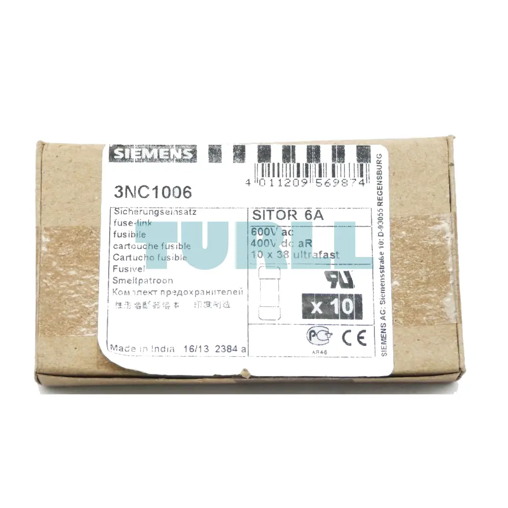 Siemens 3NC1006 SITOR Cylindrical Fuse Link, 6A, 600V AC / 700V DC, 10x38mm