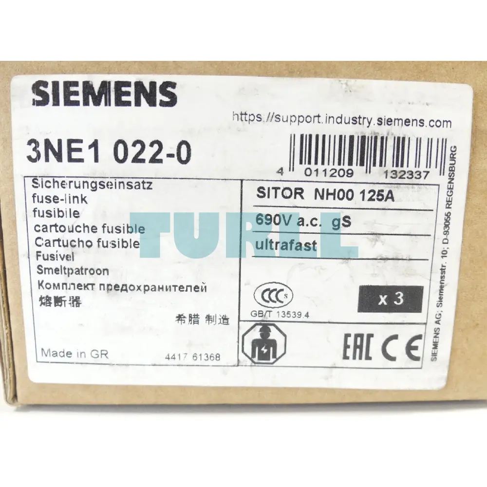 Siemens 3NE1022-0 SITOR Fuse Link NH00, 125A, 690V AC / 250V DC